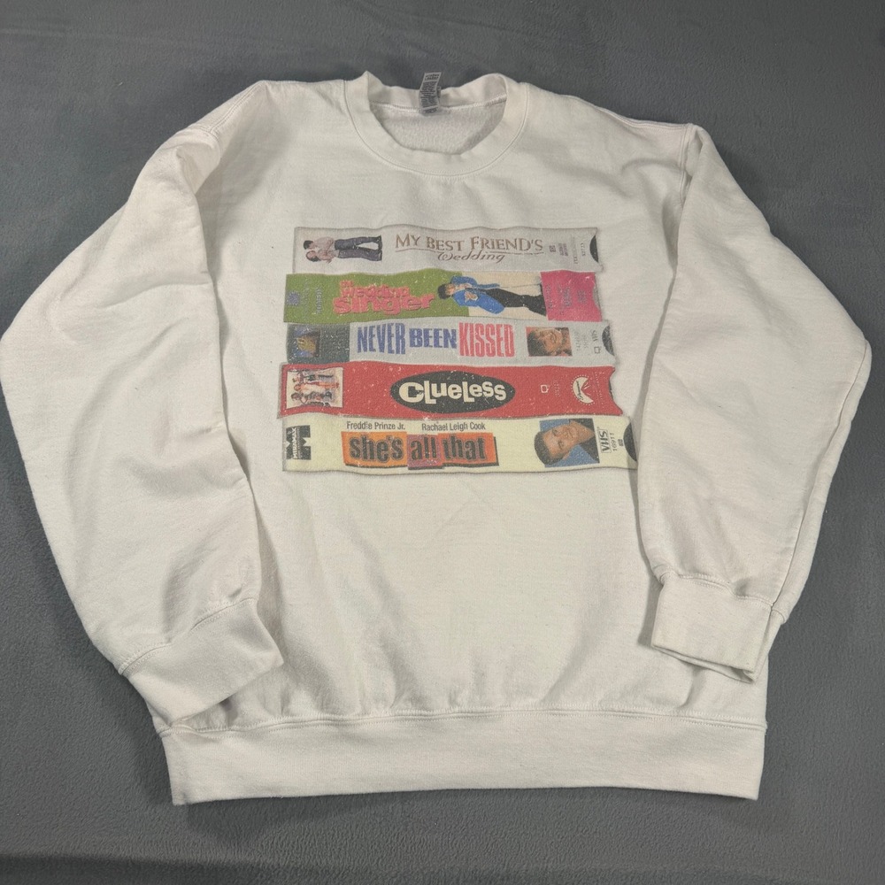 Gildan White 90s Rom-Com VHS Tape Graphic Sweatshirt Clueless She's All That M